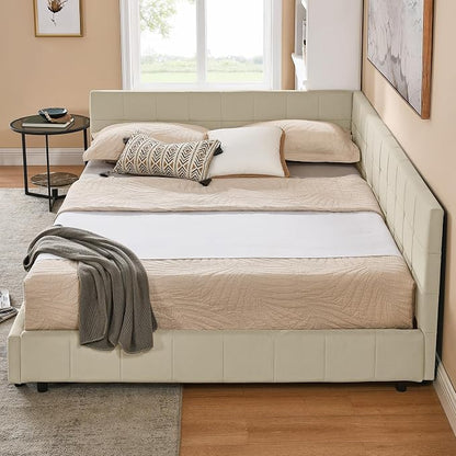Bellemave Queen Size Corner Bed Frame with Comfortable Backrest and Armrests, Velvet Tufted Corner Bed Frame Queen Size, Upholstered Daybed for Bedroom, Living Room, Guest Room, Beige