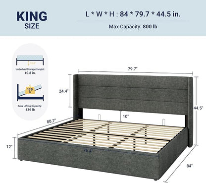 Allewie King Size Lift Up Storage Bed, Modern Wingback Headboard, Hydraulic Support, No Box Spring Needed, Dark Grey