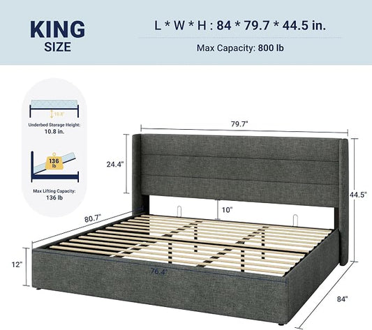 Allewie King Size Lift Up Storage Bed, Modern Wingback Headboard, Hydraulic Support, No Box Spring Needed, Dark Grey