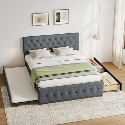Ball & Cast Queen Bed Frame with Adjustable Headboard,Upholstered Platform Bed Frame Queen Size with 2 Wood Storage Drawers & Pull‑Out Trundle Bed,Wooden Slats Support,No Box Spring Needed,Dark Gray
