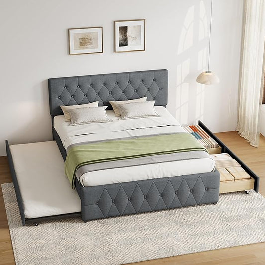 Ball & Cast Queen Bed Frame with Adjustable Headboard,Upholstered Platform Bed Frame Queen Size with 2 Wood Storage Drawers & Pull‑Out Trundle Bed,Wooden Slats Support,No Box Spring Needed,Dark Gray