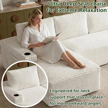 104.3" Modular Sectional Sofa,Modern Corduroy Cloud Couch with Cup Holder & Side Pockets,Boneless Couch Upholstered 3-Seater L-Shaped Sofa for Living Room,No Assembly (White, Left-Facing Chaise) | with Cup Holder