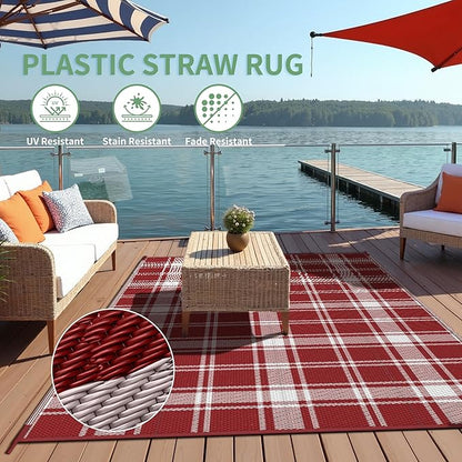 GENIMO Waterproof Outdoor Rug for Patio Clearance, 9'x12' Reversible Plastic Straw Rugs, Lightweight RV Camping Mat for Camper, Balcony, Deck, Backyard, Picnic, Red White Plaid
