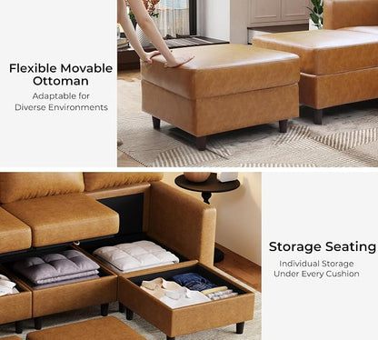 ABCASA Modular Sectional Loveseat Sofa Couch with Storage Seats, 3 Seater L Shaped Couch with Movable Ottoman for Small Spaces,Brown