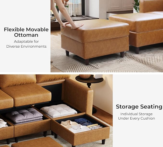 ABCASA Faux Leather U Shaped Modular Sectional Sofa 91.5", 5 Seater Couch with Movable Ottoman Deep Seat and Storage Seat with Removable Cover for Living Room, Apartment - Brown