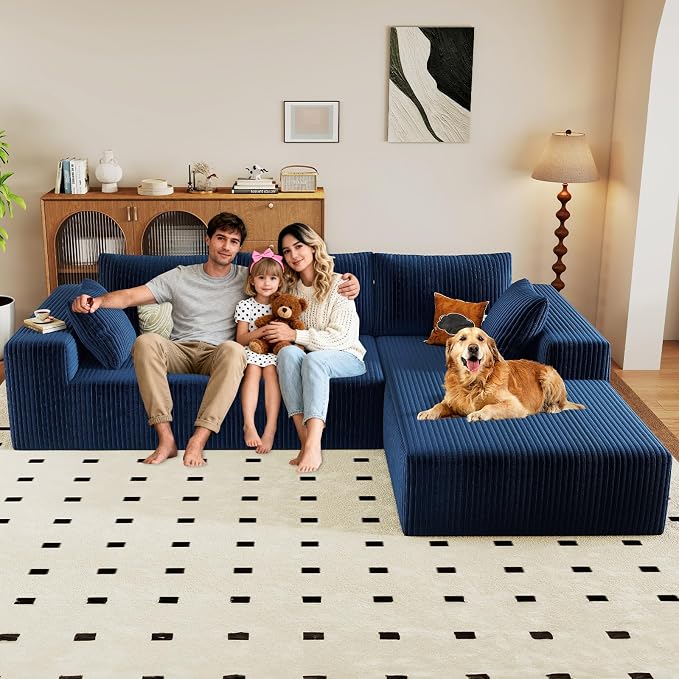 96" Modular Sectional Couch, Boneless L Shaped Cloud Sofa with Chaise Lounge, Corduroy Upholstered Couches Memory Foam Deep Seat, No Assembly Required, Ideal for Living Room(Blue, Right Facing)