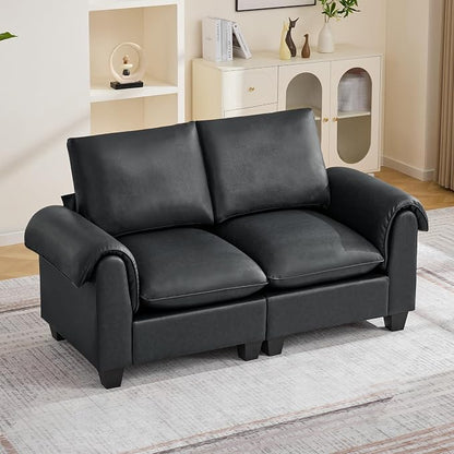 70.5" Faux Leather Loveseat Sofa, Oversized 2 Seater Modular Sectional Upholstered Couch with Curved Armrests, Cloud Modern Deep Seat Love Seat Sofa for Living Room, Black