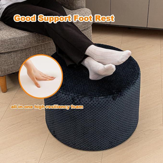 Poofieotto 20"x14" Round Foam Stuffed Pouf Ottoman - Modern Floor Foot Rest & Seating for Living Room, Bedroom, or Couch - Stylish Home Decor Accent (Navy)