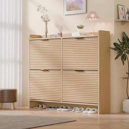 MU 46.5" W Fluted Shoe Storage Cabinet for Entryway, Shoe Cabinet with 4 Flip Drawers, Narrow Wood Shoe Rack Cabinet, Freestanding Hidden Shoe Organizer with Wooden Legs for Hallway, Entrance, Oak