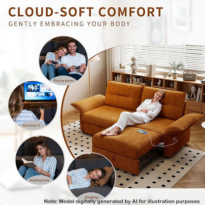 85'' Sofa Bed Full, Assembly, 3 in 1 Sleeper Sofa Beds, Flannel Pull Out Couch for Living Room, Charging & Adjustable Armrest, Comfy Loveseat for Small Space, Flannel Orange