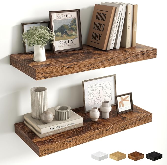 Fun Memories 24 Inch Floating Shelves Wall-Mounted, 10 Inch Deep Wall Shelves, 24 x 10 Floating Shelf for Living Room Bathroom Bedroom, Rustic Brown, Set of 2