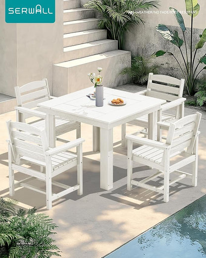 SERWALL Outdoor Dining Set for 4, HDPE Square Table and Chairs Set All Weather Patio Dining Set with 4 Classic Dining Chairs, 5-Piece Patio Dining Furniture for Deck, White