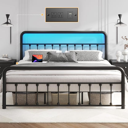 Fluest 14 Inch King Bed Frame Classic Metal Platform Bed Frame with Charging Station & LED, Victorian Style Iron-Art Headboard/Footboard, Under Bed Storage, No Box Spring Needed, Noise Free