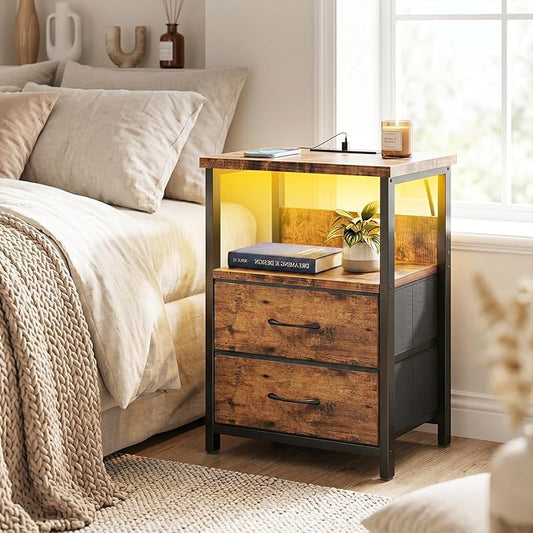 Fixwal Night Stand with Charging Station, LED Nightstand with U-S-B Ports and Outlets, 2 Fabric Storage Drawers with PU Finish, Bedside Table, Rustic Brown