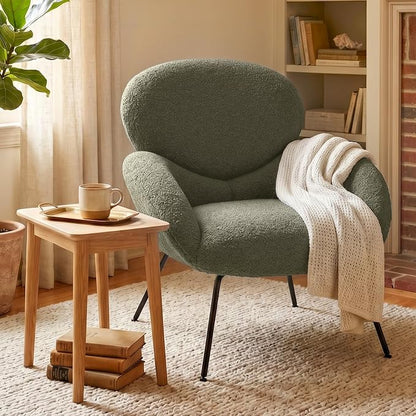 Accent Chair, Cloud Accent Chair for Bedroom, Boucle Fabric (Green) | Comfy Bedroom Chair with Love Back and Sturdy And Durable Solid-Wood Frame/ Study Room / Bedroom / Living Room /(Cream Style)