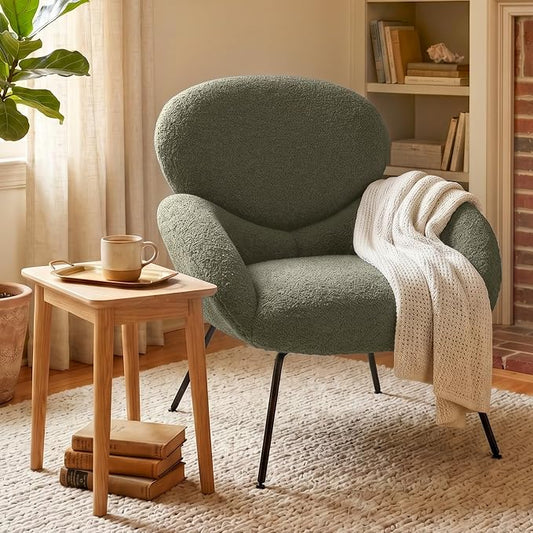 Accent Chair, Cloud Accent Chair for Bedroom, Boucle Fabric (Green) | Comfy Bedroom Chair with Love Back and Sturdy And Durable Solid-Wood Frame/ Study Room / Bedroom / Living Room /(Cream Style)