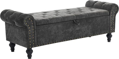 55" Storage Bench for Bedroom, Upholstered Ottoman Bench, Chenille DarkGray | End of Bed Bench for Bedroom, Window Benches for Living Room, Entryway, Ottoman with Large Storage Space, Pet Friendly