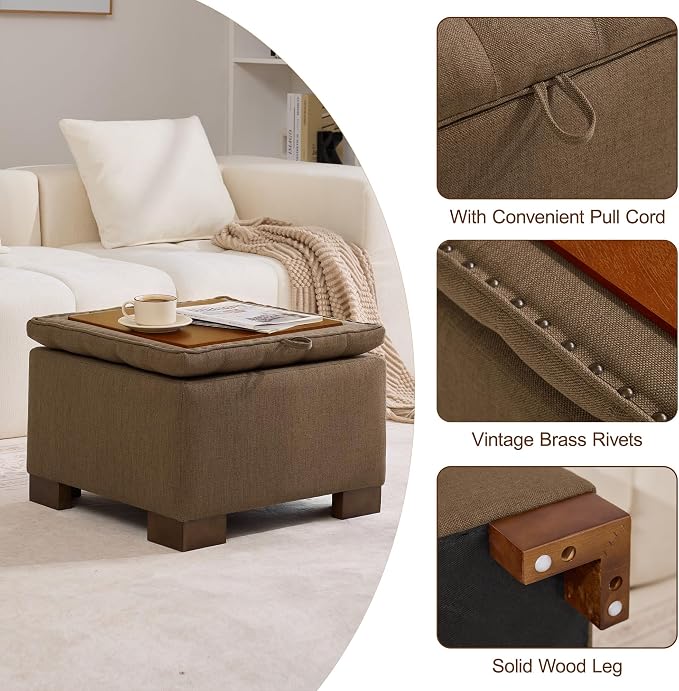 WUTUTUEE 24" Fabric Square Storage Ottoman with Wooden Tray, Modern Tufted Button Footstool Coffee Table, Upholstered Small Ottoman for Living Room, Bedroom, Brown