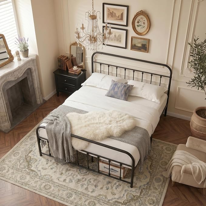 VECELO Queen Metal Platform Bed Frame with Headboard, Heavy Duty Steel Slat Support, Under Bed Storage,No Box Spring Needed, Easy Assembly，Victorian Style