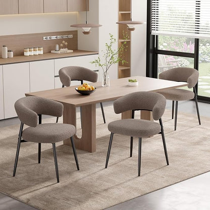 Dining Chairs Set of 4, Mid Century Modern Kitchen Chairs, Boucle Upholstered Dining Chair with Curved Backrest & Metal Legs for Kitchen Dining Room, Brown