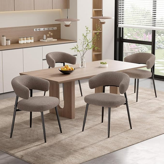 Dining Chairs Set of 4, Mid Century Modern Kitchen Chairs, Boucle Upholstered Dining Chair with Curved Backrest & Metal Legs for Kitchen Dining Room, Brown