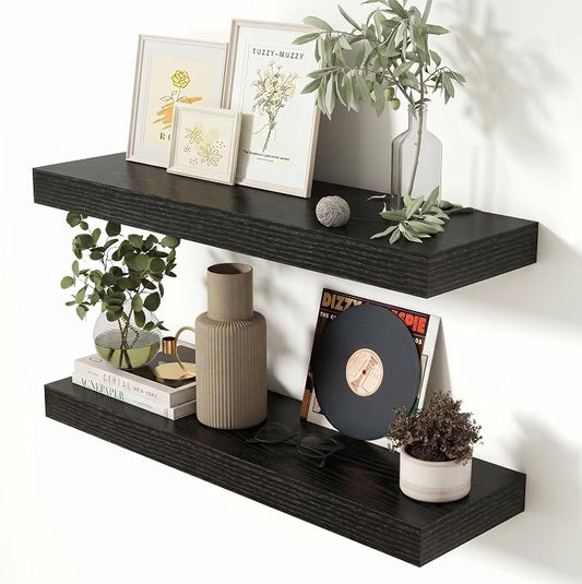 Heimlove 28 Inch Floating Shelves for Wall Black Shelves Set of 2,Wall Mounted Rustic Wood 8 Inch Deep Floating Shelf with Invisible Brackets for Bedroom Kitchen Living Room