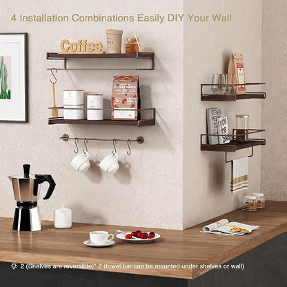 Forbena Dark Brown Kitchen Shelves Wall Mounted Set of 2, Walnut Brown Floating Kitchen Wall Shelves with Rail, Hanging Shelves for Kitchen Wall Coffee Bar (Wooden Pine Wood)