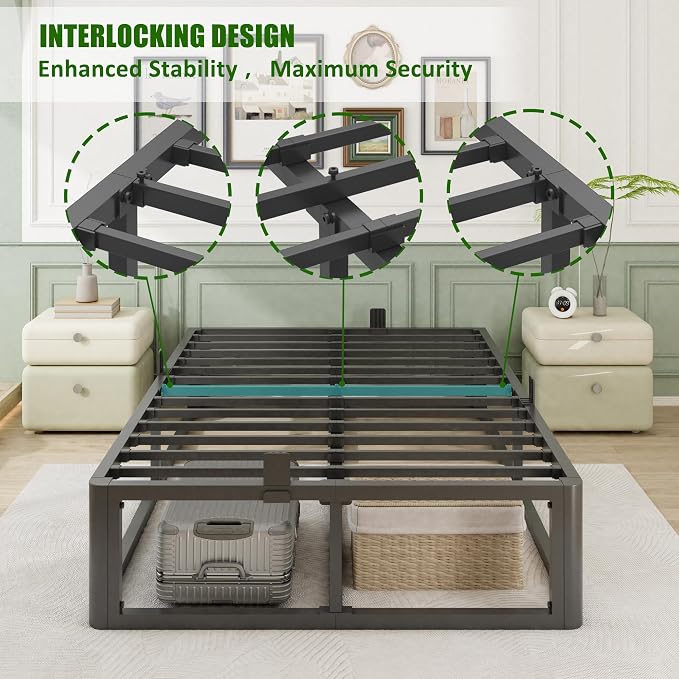 Bilily Metal Heavy Duty 14 inch Full Bed Frame with Rounded Corner and Headboard Hole Mattress Retainers 3500 LBS No Box Spring Needed Platform Noise Free Easy Assembly