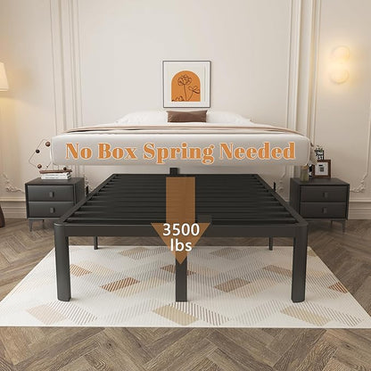 16 Inch Black Bed Frame Queen Size, Metal Platform Queen Bed Frame with Anti-Slip Baffles, No Box Spring Needed, Heavy Duty Steel Platform Support, Round Corner Design, Storage Space, Noiseless