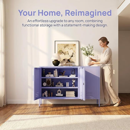 32" Wide 3-Door Lockable Metal Storage Cabinet with Accent Cabinet Locker, Heavy Duty Home Tool Cabinet, 2 Removable Shelves & Easy Assembly, for Home, Office, Entryway and Hallway Purple