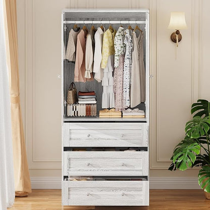 VOWNER Armoire Wardrobe Closet with Drawers and Mirror, 71" Clothing Storage Cabinet with Hanging Rod, 2 Doors Wooden Wardrobe Cabinet for Bedroom, Large Capacity Storage