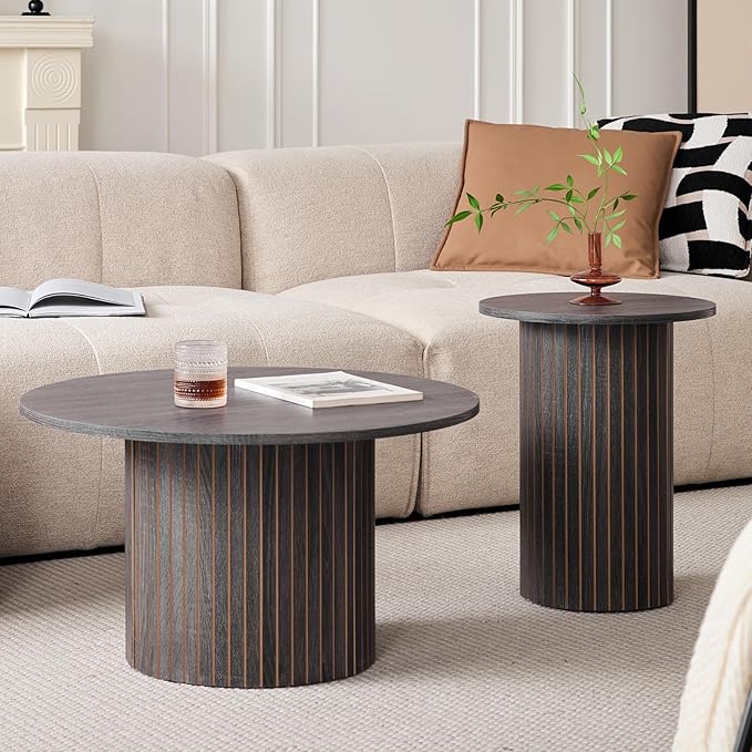 Round Nesting Coffee Tables for Living Room, Set of 2, Black | φ27.6 + φ15.8 Boho Small Circle Side Tables, Fluted Drum Design Wood Grain Finish Minimalist Modern End Table, Small Spaces