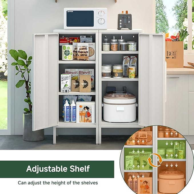 Metal Storage Cabinet with 2 Adjustable Shelves Small Storage Cabinets with Door for Office Kitchen Bathroom Living Room Pantry Garage (White)