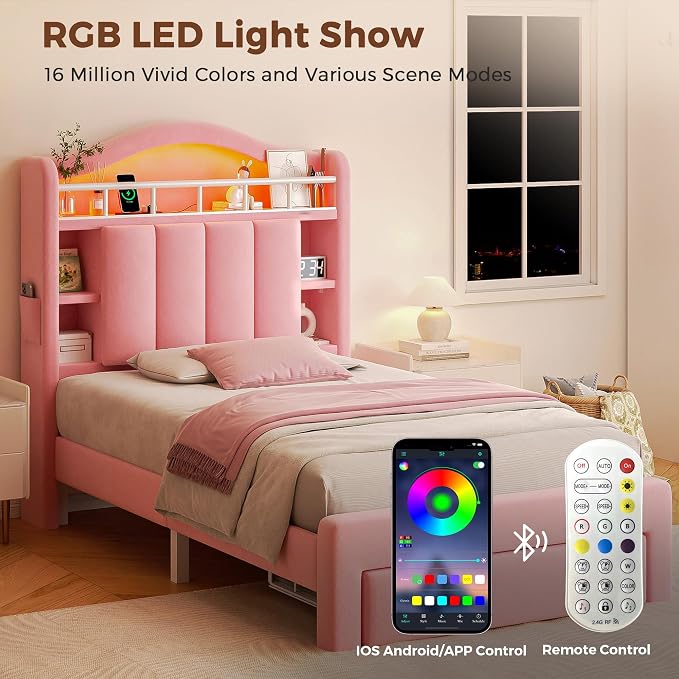 Twin LED Bed Frame with Storage Headboard & 2 Storage Drawers, Princess Velvet Upholstered Bed with Vertical Tufted Headboard Design for Girls, USB & Type-C Charging Ports, Wooden Slats Support, Pink
