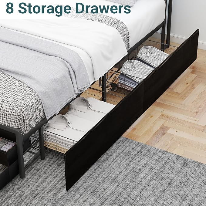 Zevemomo Full Bed Frame with 8 Storage Drawers, Full Metal Bed Frame with LED Light and Charging Station, Heavy Duty Metal Slats, No Box Spring Needed, Black