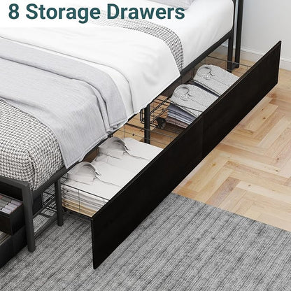Zevemomo Full Bed Frame with 8 Storage Drawers, Full Metal Bed Frame with LED Light and Charging Station, Heavy Duty Metal Slats, No Box Spring Needed, Black