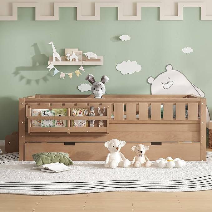 Bellemave Twin Kids Montessori Bed with Stairs, Bookshelf and Trundle, Solid Wood Kids Bed Frame with Storage for Boys Girls, Low Profile,Natural