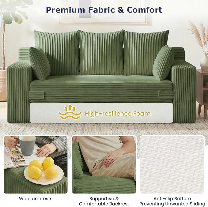 Boneless Couch for Living Room, 3 Seater Convertible Futon Sofa Bed Comfy Pull Out Couch with 5 Pillows & Detachable Washable Cover, Upholstered Floor Sofa in A Box, No Assembly Required, Green