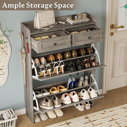 BORNOON Shoe Storage Cabinet for Entryway, Farmhouse Narrow Shoe Cabinet with 2 Flip Drawers & Top Drawers, Adjustable Shelves & Hooks, Freestanding Hidden Rack Organizer for Hallway, Foyer