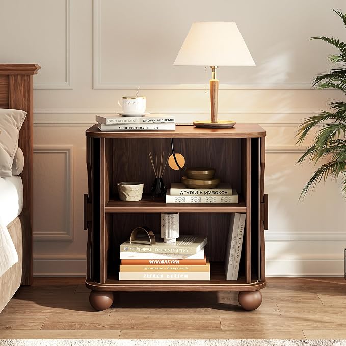 Modern Square Nightstand with Charging Station and Sliding Doors, Modern Bedside Table with Round Wooden Sliding Door Handle, Suitable for Bedroom (Walnut)