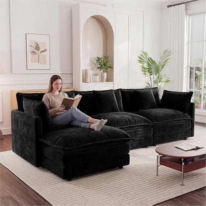 111.5" Modular Sectional Sofa, Large L Shaped Sectionals Cloud Couch, Big Comfy 3-Seat Couch with Ottoman, 4 Seater Chenille Sectional Sofa with Deep Seat and 5 Pillows for Living Room- Black