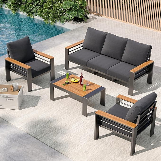 Aoxun Patio Furniture Set, 5 Piece Aluminum Patio Sets with 5" Thicken & Washable Cushion, Waterproof Outdoor Furniture with Coffee Table, Outdoor Couch Sectional for Backyard, Porch and Garden
