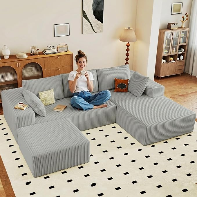 95" Cloud Sectional Couch U-Shaped Chaise with Ottoman, Corduroy Boneless Couch for Living Room Bedroom, Deep-Seat Upholstered Modular Cloud Sofa, No Assembly Required (Light Grey,Right Facing Chaise)