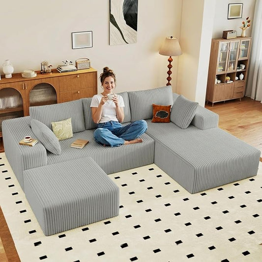 95" Cloud Sectional Couch U-Shaped Chaise with Ottoman, Corduroy Boneless Couch for Living Room Bedroom, Deep-Seat Upholstered Modular Cloud Sofa, No Assembly Required (Light Grey,Right Facing Chaise)