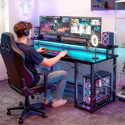 ODK 55 inch Gaming Desk with LED Lights & Power Outlets, Computer Desk with Monitor Stand & Storage Shelves, CPU Stand, Home Office Desk, Black