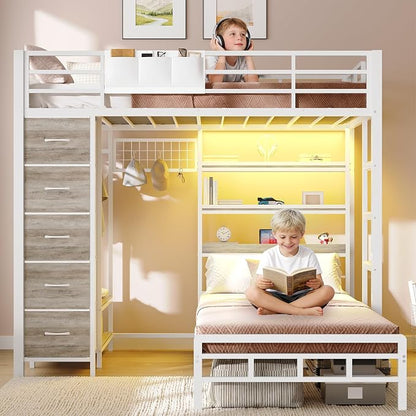 VIAGDO Bunk Bed Twin Over Twin with 5 Storage Drawers, Twin Bunk Beds with Charging Station and Lights, L-Shaped Metal Bunk Bed with Shelves, Bedside Pocket, Guardrail & Ladder for Kids, Teens, White