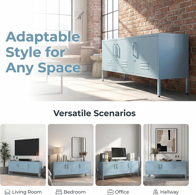3 Door TV Standwith Storage Locke Metal TV Cabinet with 2-Tier Multi-Purpose Lockable Wide Storage Cabinet, Media Console Table with Metal Legs for Living Room, Bedroom,Office,Blue