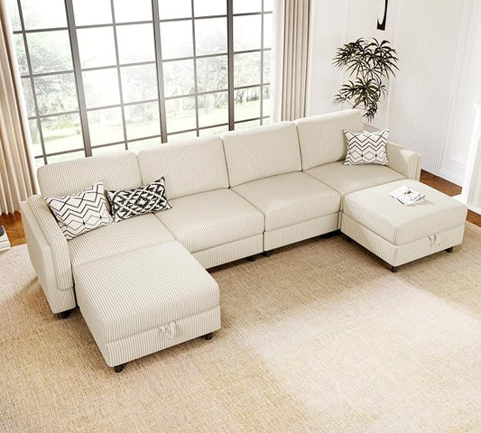 KKL Modular Sectional Sofa Bed with Storage Ottoman, Convertible L/U-Shaped Sleeper Couch for Living Room, Modern Reversible Design(Beige,6 Seater U Shape)