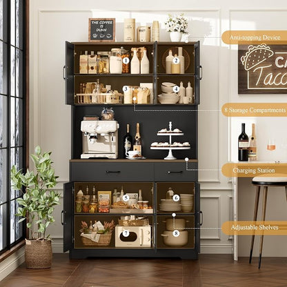 HOSTACK 71" Pantry Cabinet with Charging Station, Tall Kitchen Pantry Storage Cabinet with Microwave Stand, Farmhouse Kitchen Hutch with Storage Drawers for Living Room, Dining Room, Black