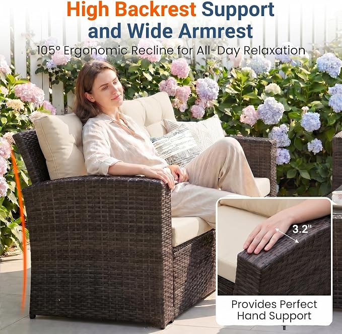 Wisteria Lane 4 Piece Patio Furniture Set, Wicker Outdoor Patio Conversation Furniture Set, All Weather Outdoor Patio Sofa with Cushion and Wood Table, Beige Wood